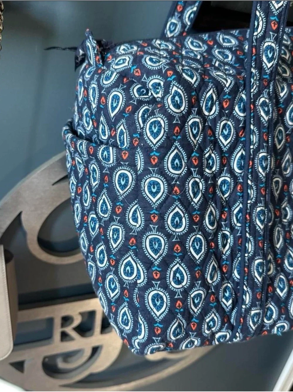 Quilted Navy Patterned Tote Bag